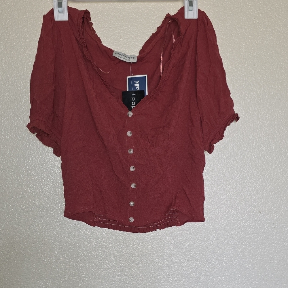 Paper Crane Red Cap Sleeve Ruffled Crop Blouse